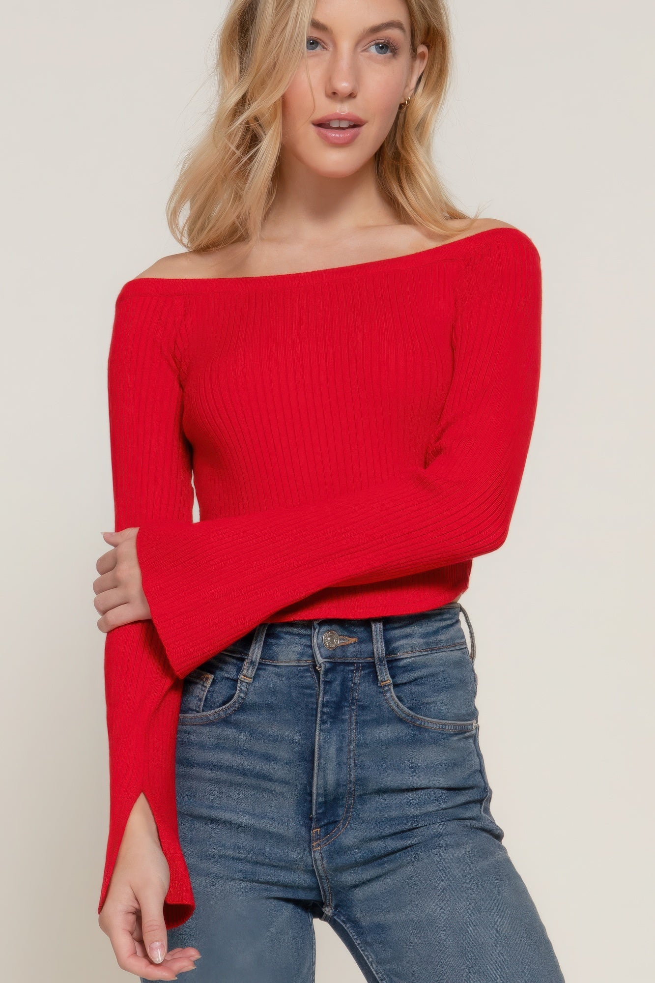 Long Flare Sleeve Off Shoulder Sweater