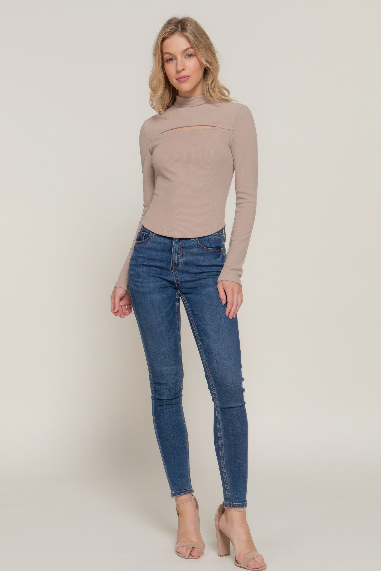 Long Sleeve Mock Neck Cut-Out Detail Brushed Rib Knit Top