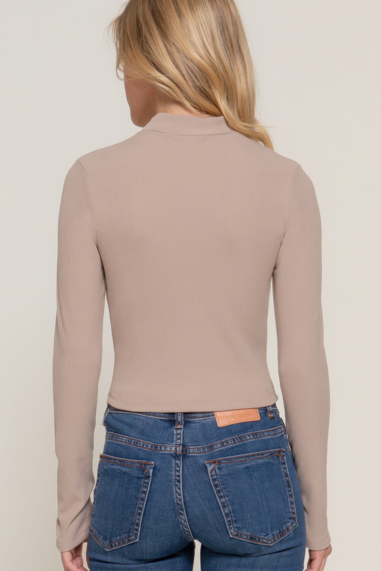 Long Sleeve Mock Neck Cut-Out Detail Brushed Rib Knit Top