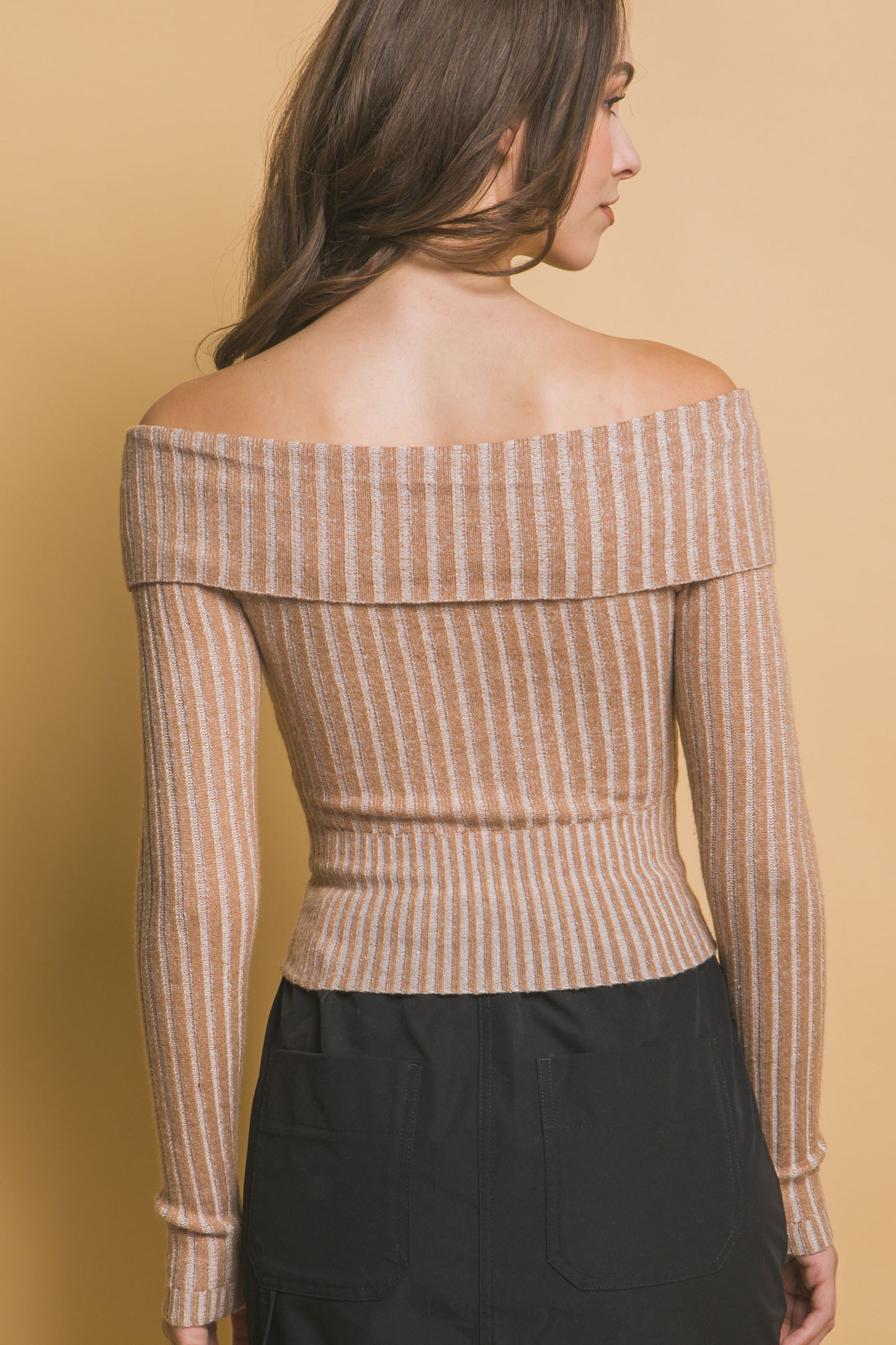 Ribbed Bardot Zip Up Long Sleeve