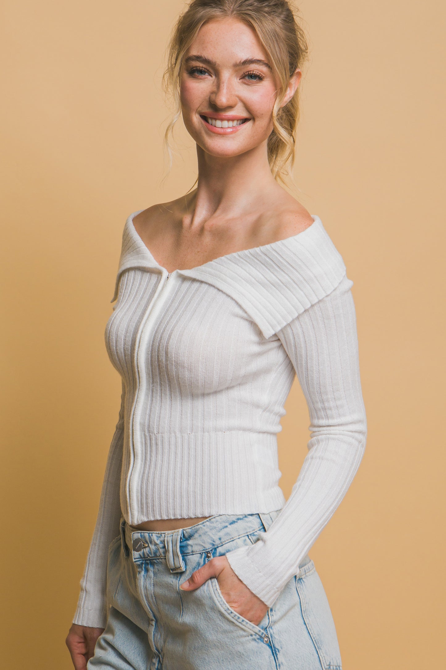 Ribbed Bardot Zip Up Long Sleeve