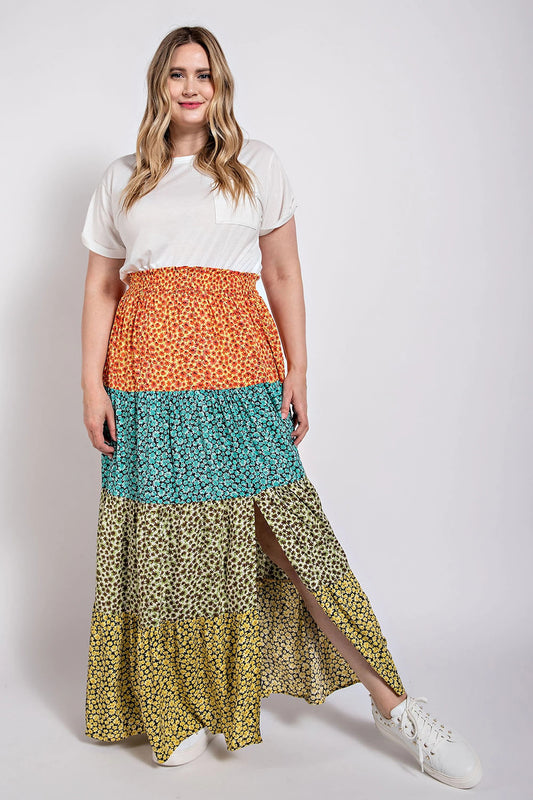 Ditsy Floral Color Block Skirt with Front Slit