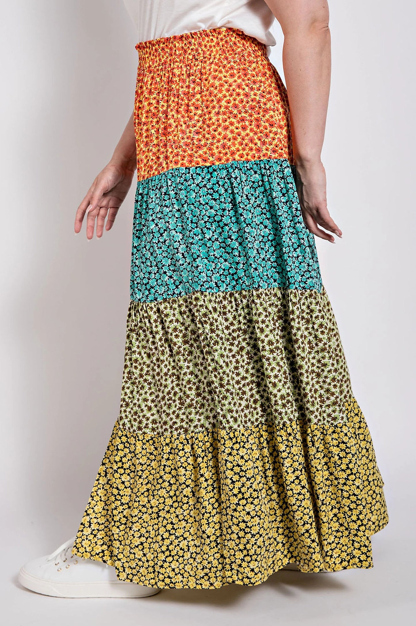 Ditsy Floral Color Block Skirt with Front Slit