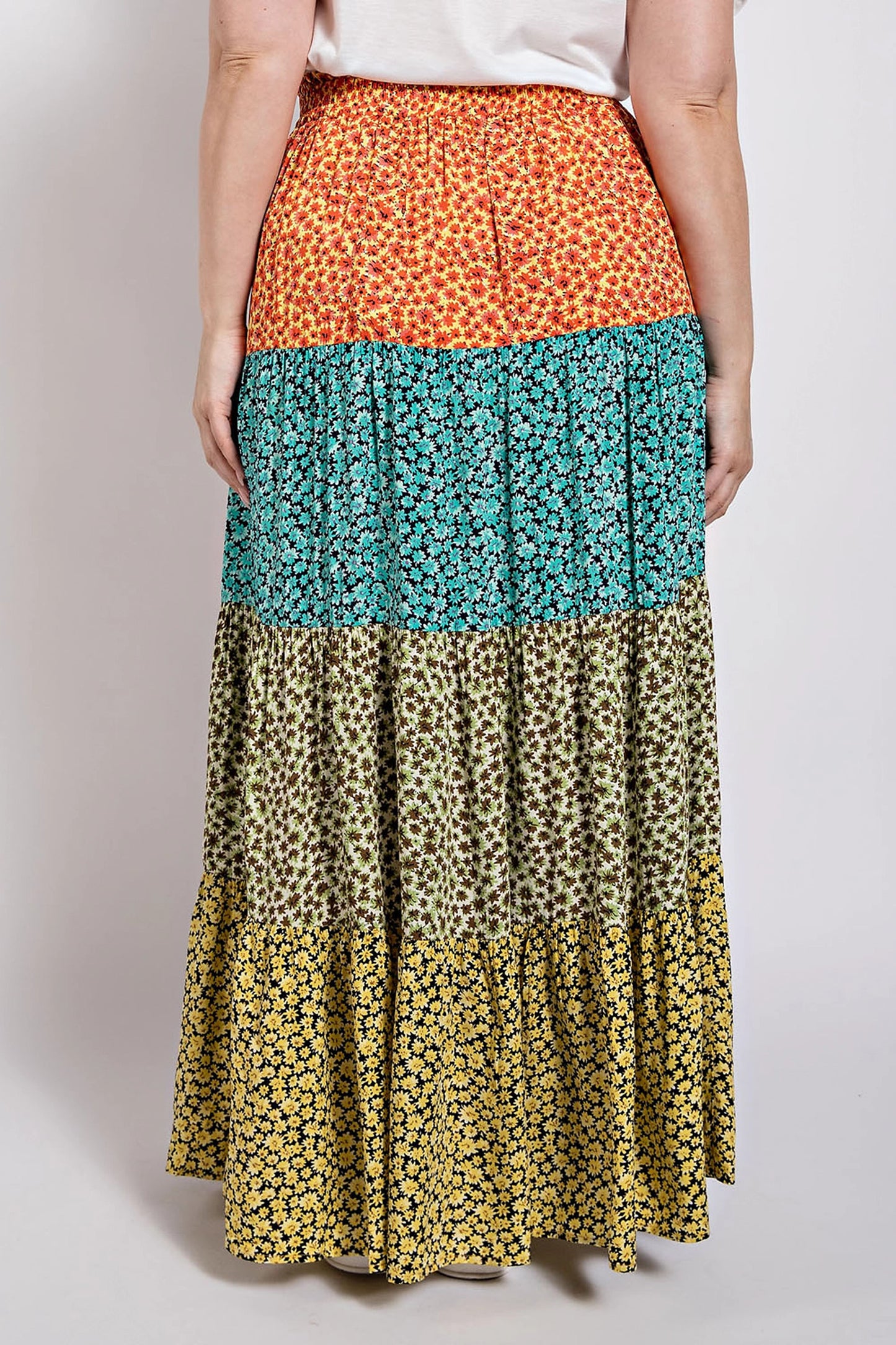 Ditsy Floral Color Block Skirt with Front Slit