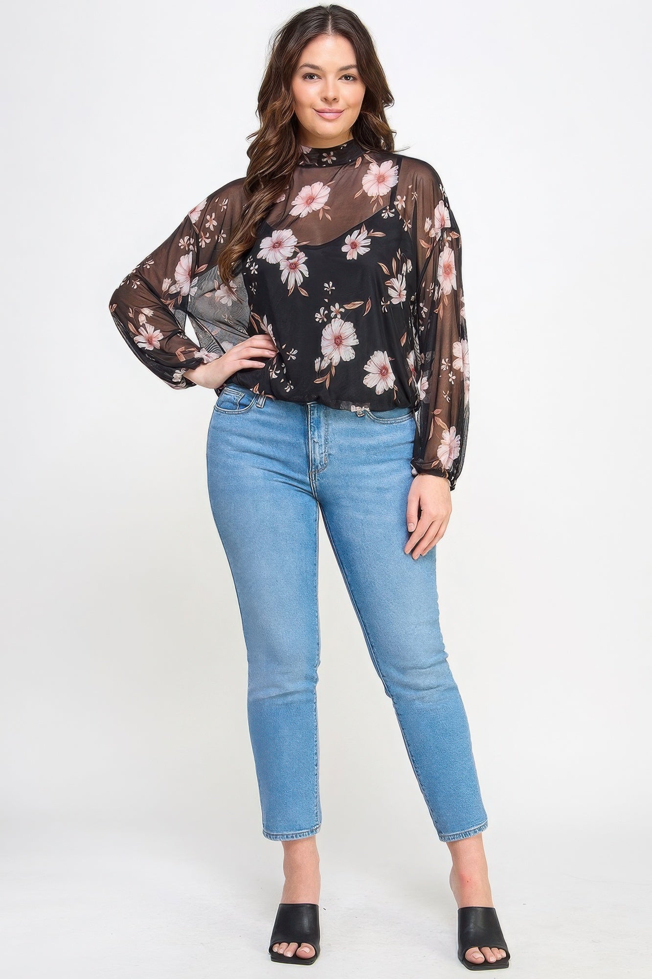 Mesh Floral Long Sleeve Top with Cami