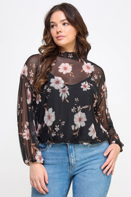 Mesh Floral Long Sleeve Top with Cami