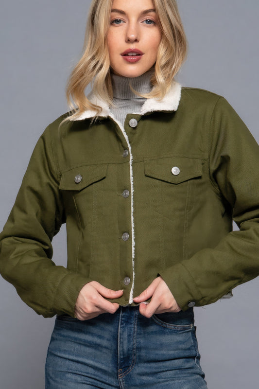 Button Closure Sherpa-Lined Twill Jacket