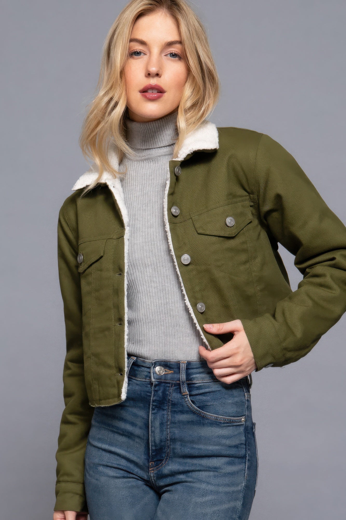 Button Closure Sherpa-Lined Twill Jacket