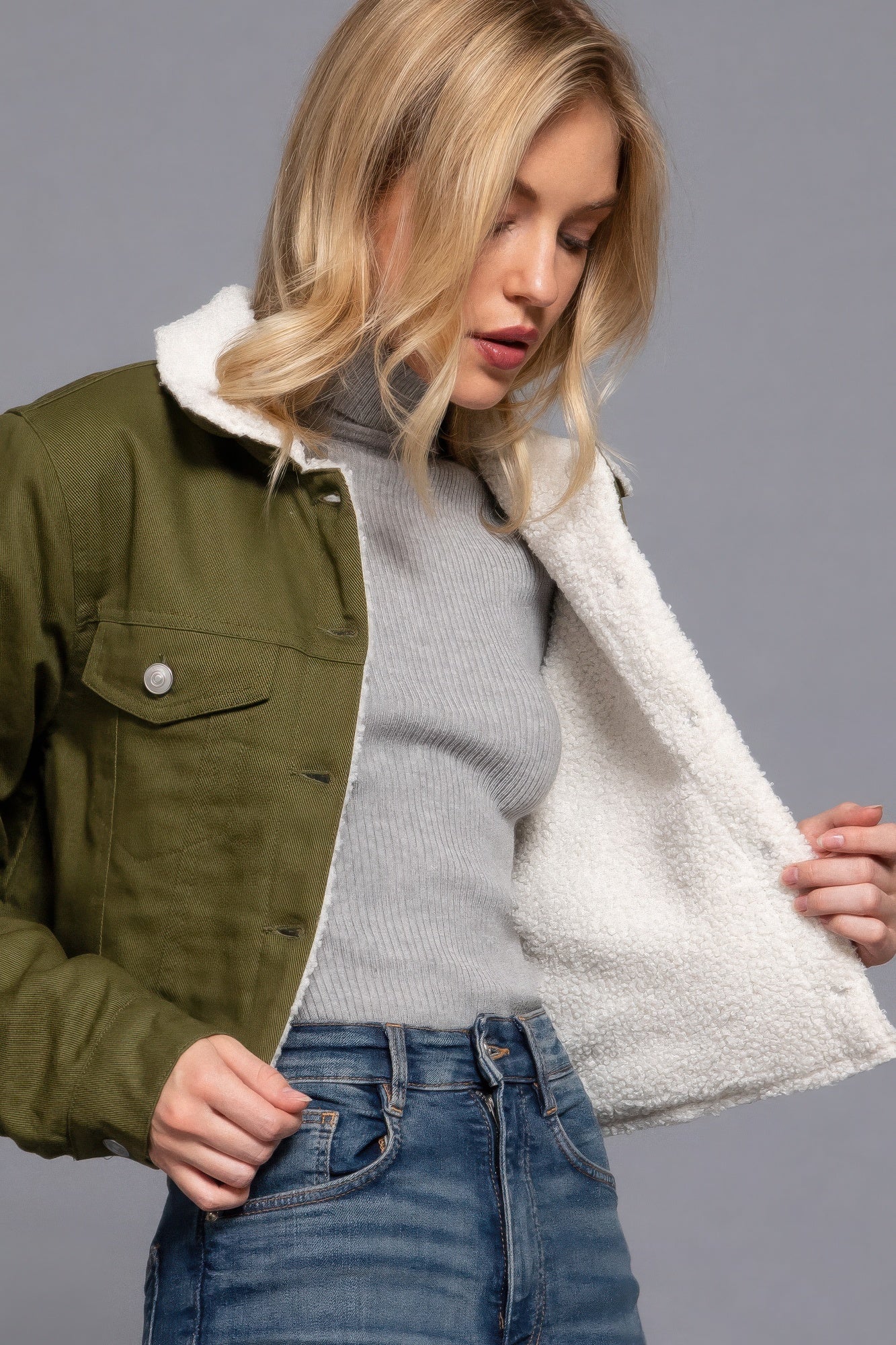 Button Closure Sherpa-Lined Twill Jacket