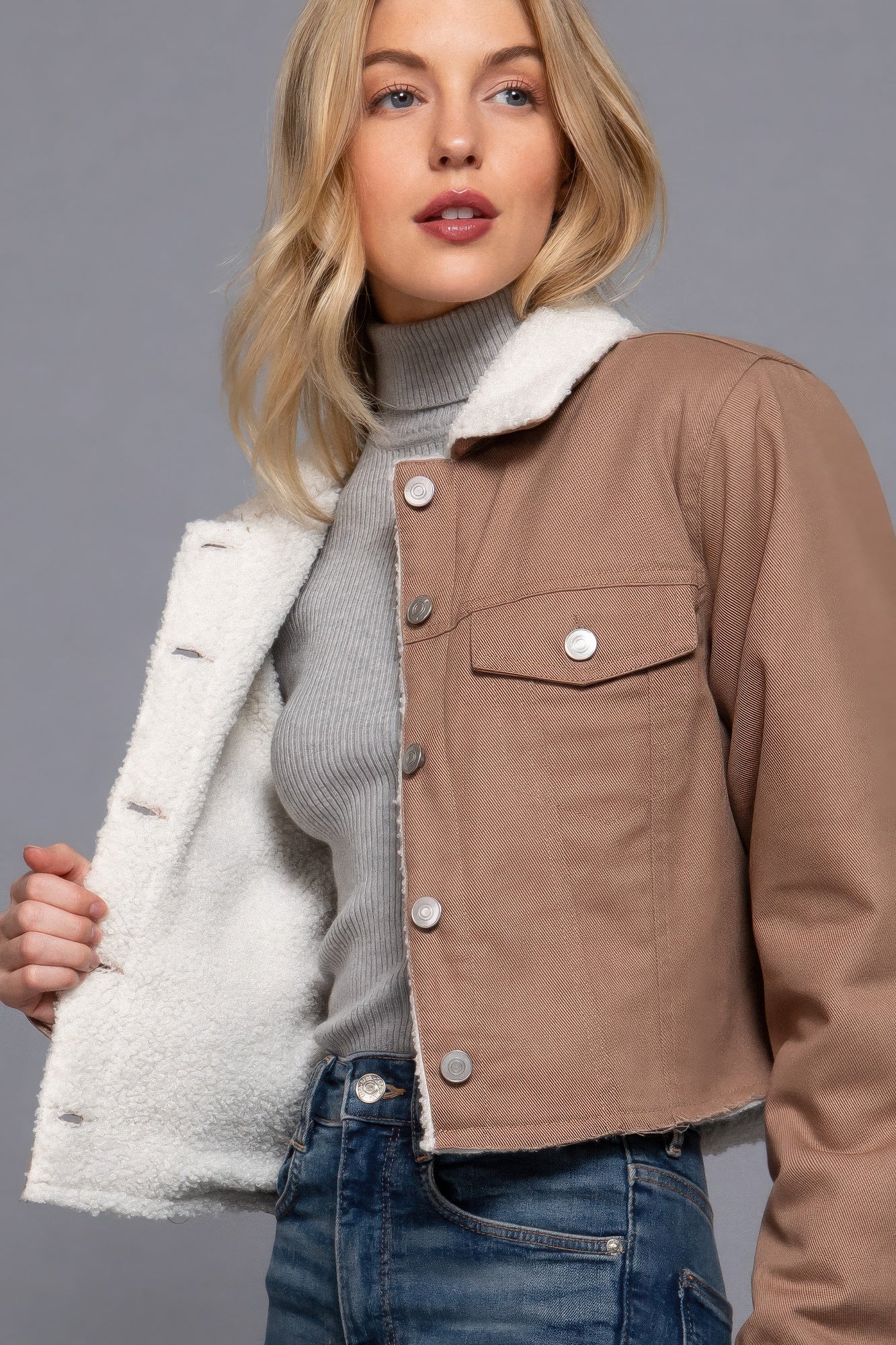 Button Closure Sherpa-Lined Twill Jacket