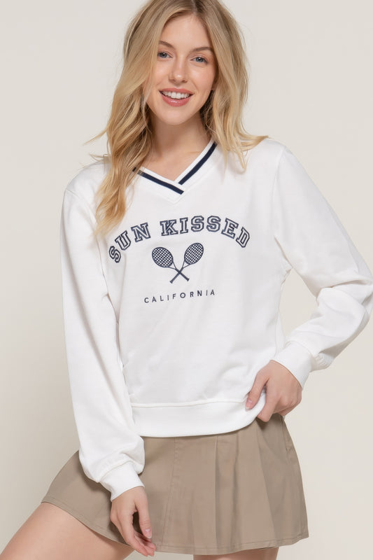 Long Sleeve V-neck Embroidered Sweatshirt